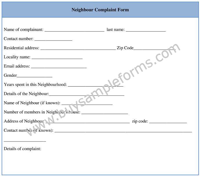 Sample Neighbour Complaint Form
