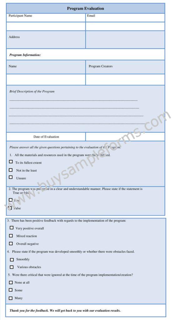 Example Program Evaluation Template Printable Program Evaluation Form Template, Sample | MS Word