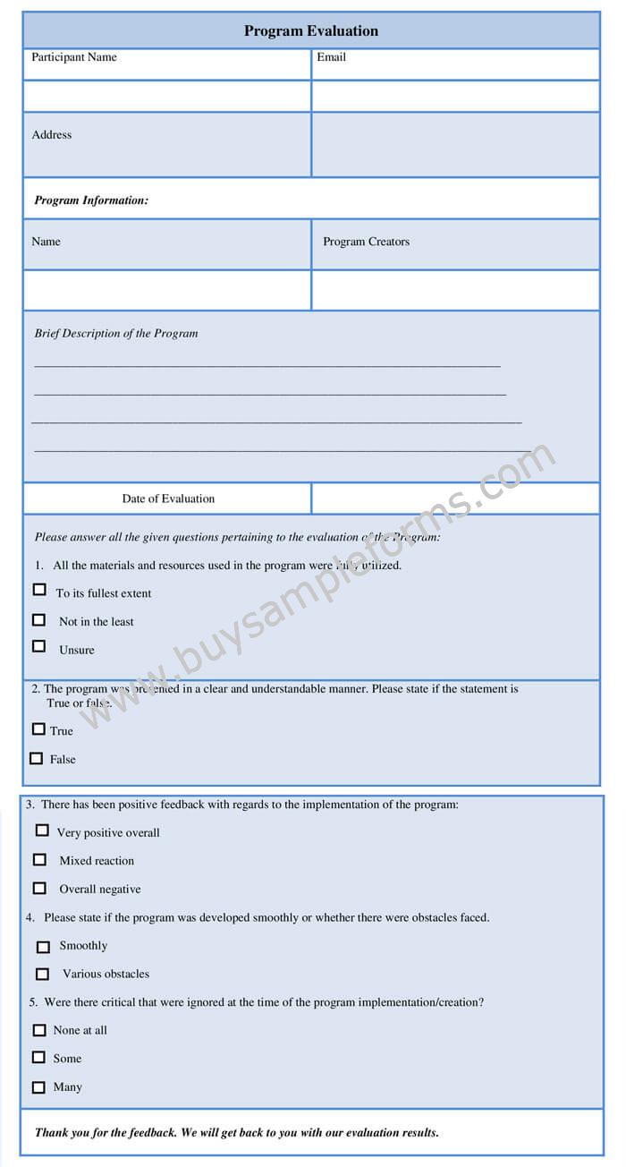 Program Evaluation Form Template, Sample