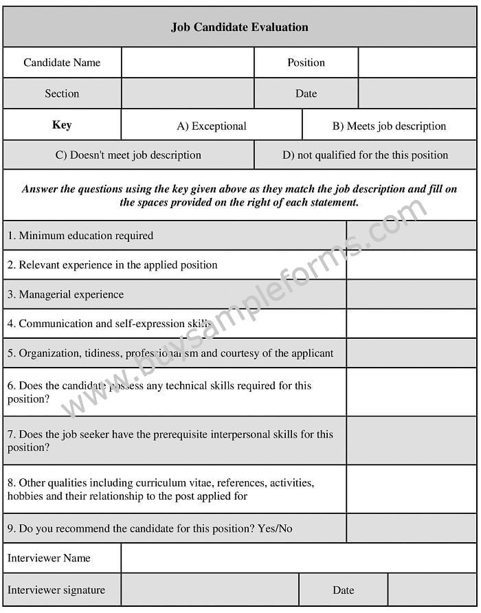 Job Candidate Evaluation Form Sample Template