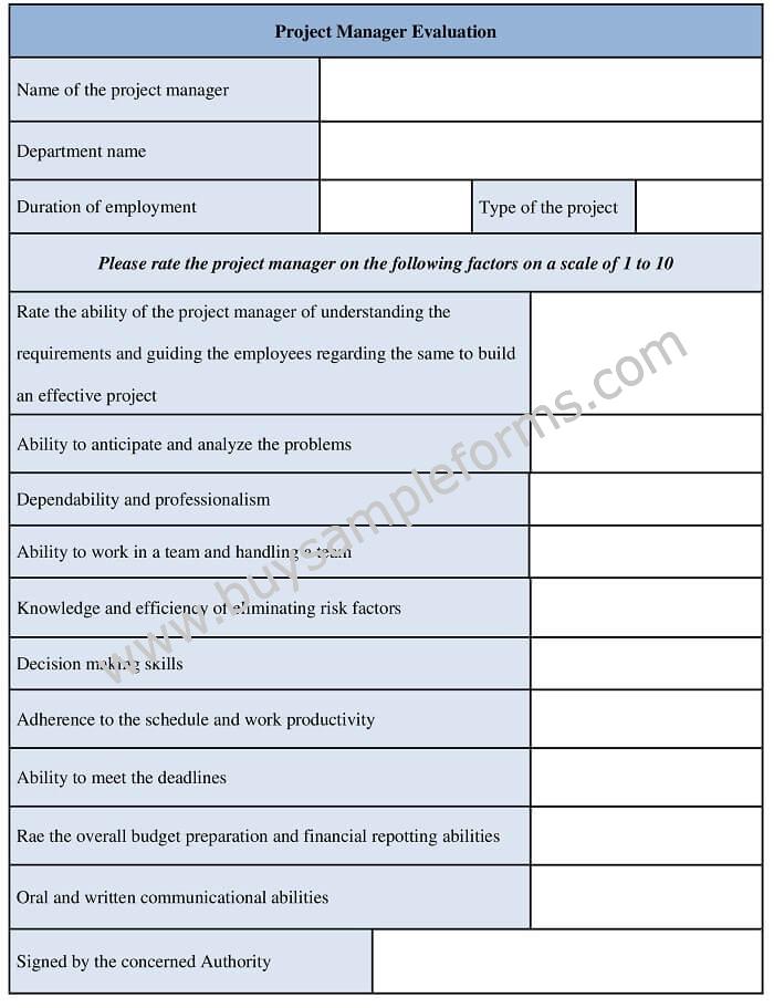 Project Manager Evaluation Form Template, Sample Forms