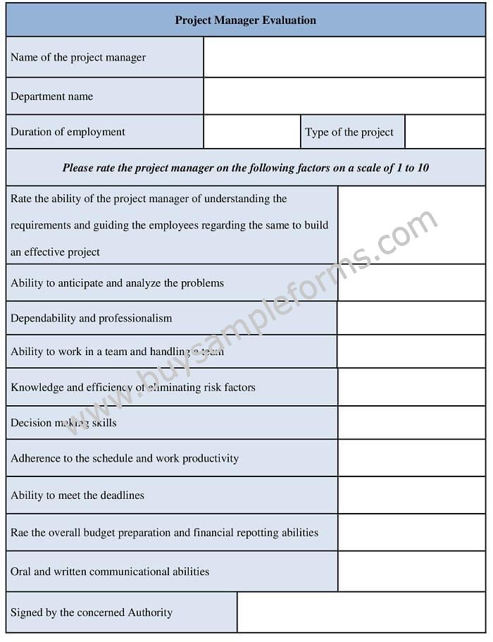 Project Manager Evaluation Form Template Sample MS Word