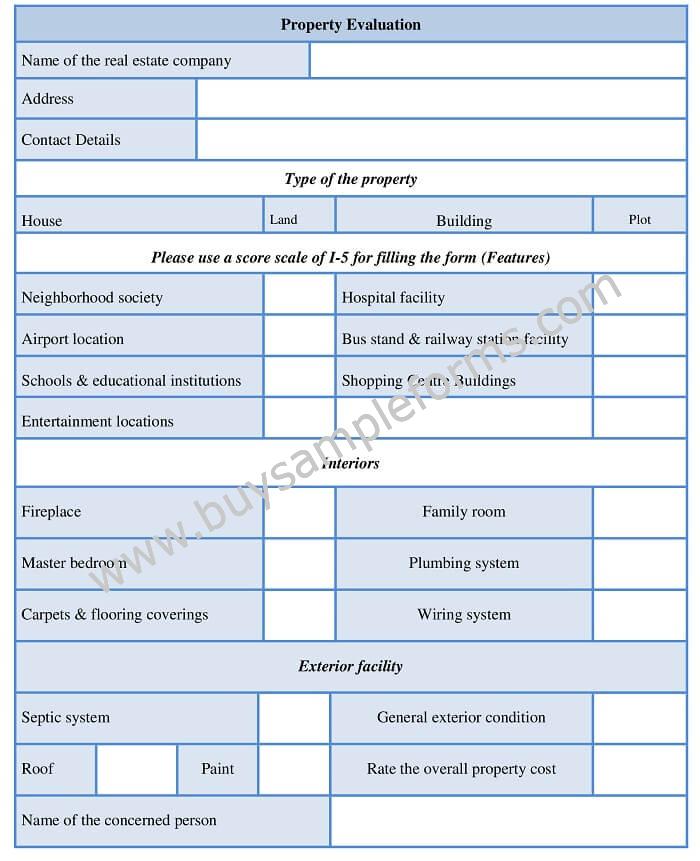 Property Evaluation Form Template, Sample