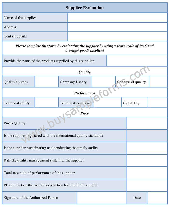 Sample Supplier Evaluation Form Example, Template
