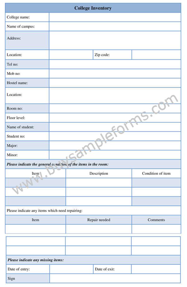 College Inventory Form Template