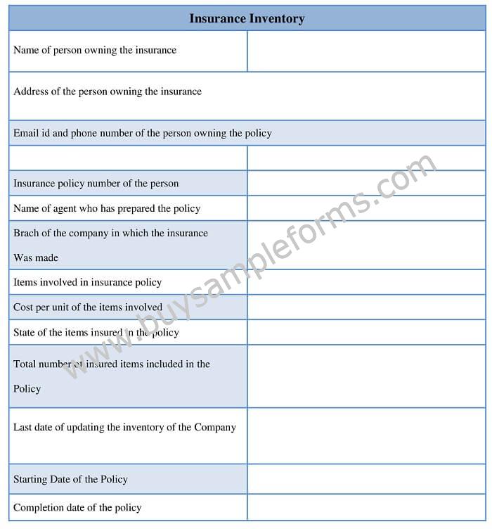Sample Insurance Inventory Form Template