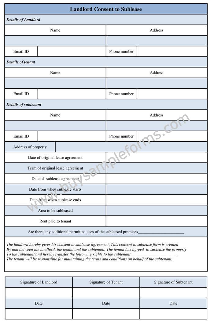 Landlord Consent to Sublease Form Template