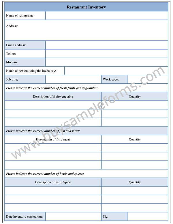 Restaurant Inventory Form Template