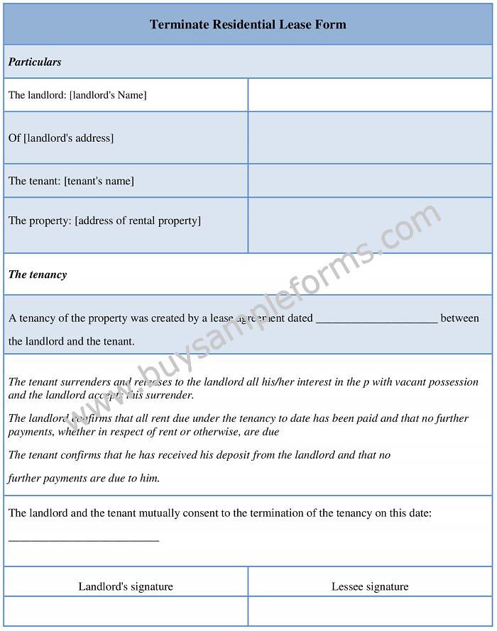 Terminate Residential Lease Form Example, Template