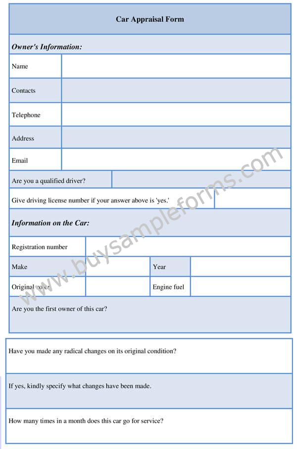 Printable Car Appraisal Form Word Template