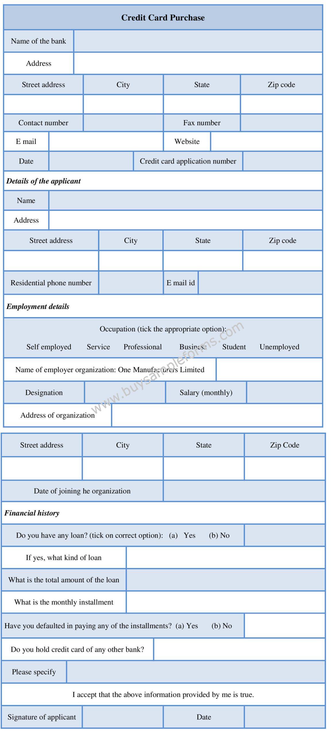 Credit Card Purchase Form Template