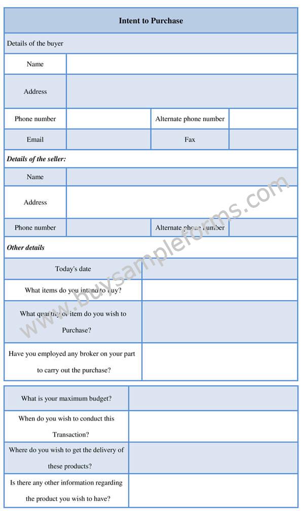 intent to purchase form template
