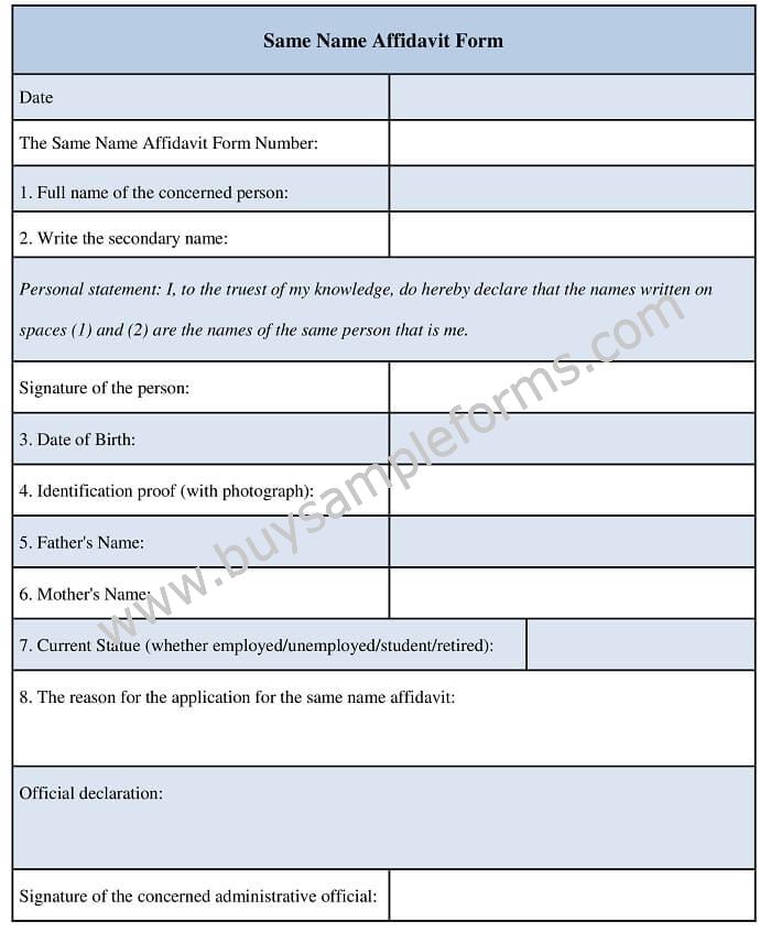 Same Name Affidavit Form Template - Download Format Word